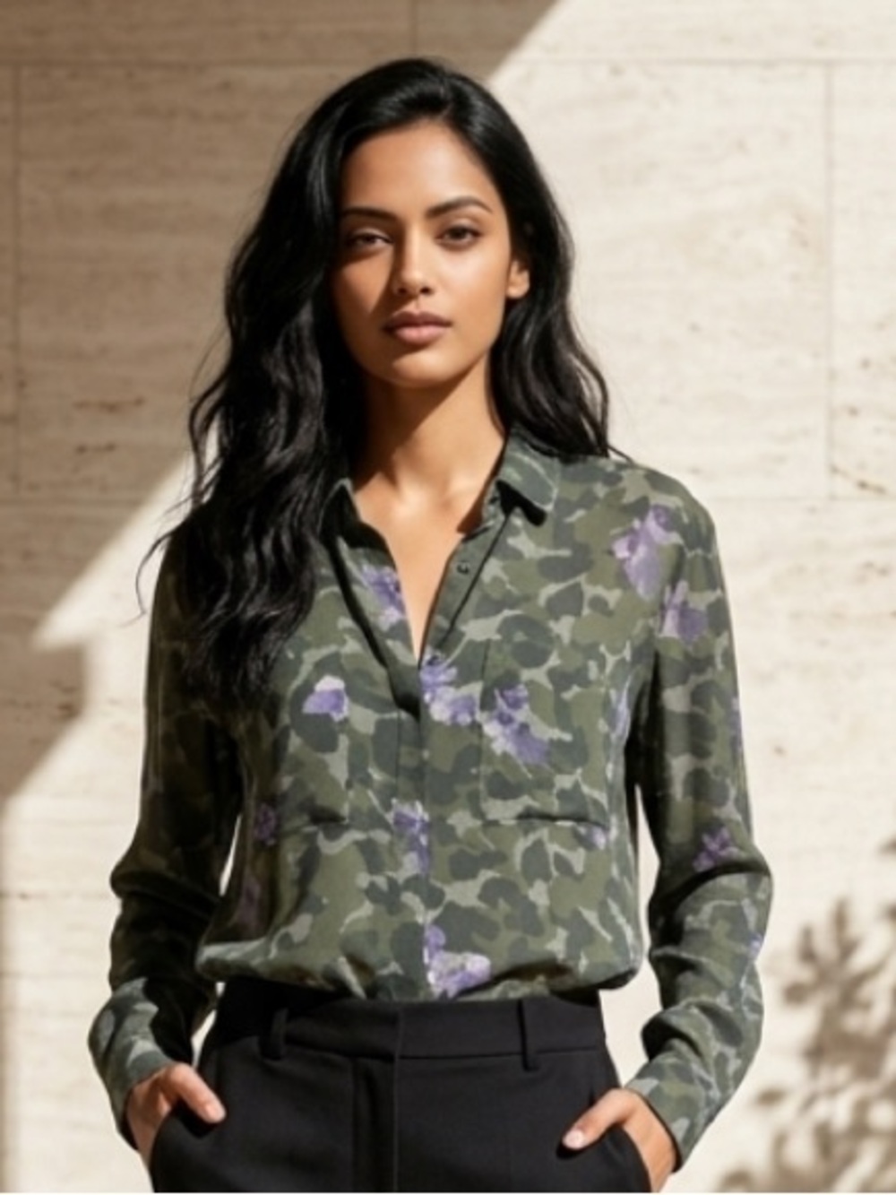Anthropologie CLOTH & STONE Nina Shirt Button Camo Floral Green Purple